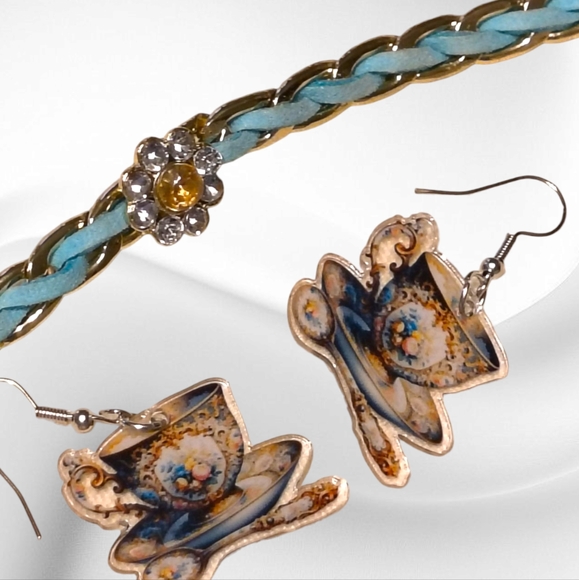 Elegant Gold and Blue Tea Cup Earrings - Picture 1 of 6